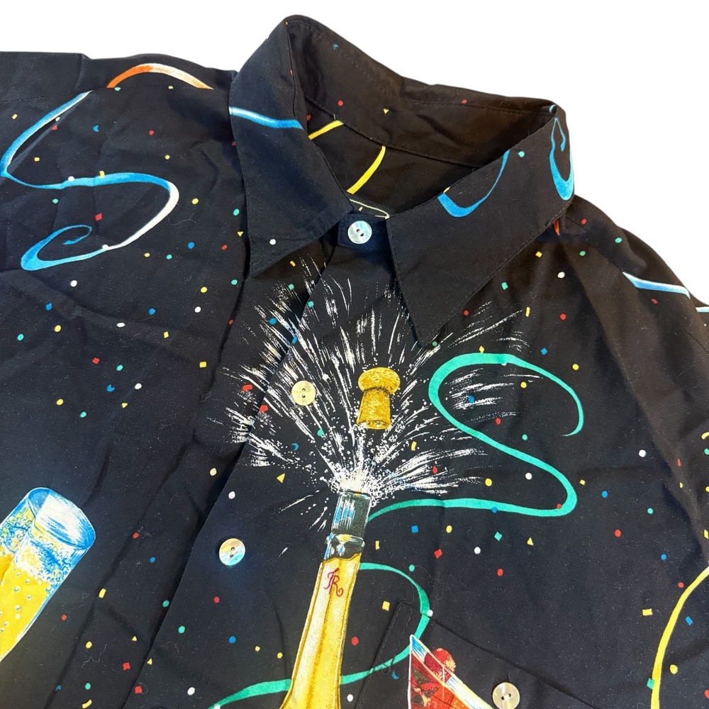Tori Richard Mens L Black Rayon Champagne New Years Party Shirt Short Sleeve